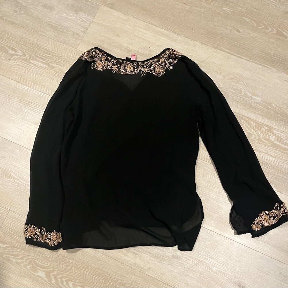 Silk Itsu Sheer Black Blouse size 12 with wooden embellishments - Picture 3 of 8